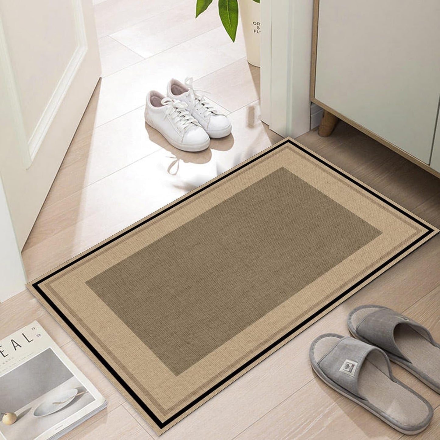 Ultra Thin Door Mat Indoor Entrance, 1/10 in Thin Door Mats for Inside Entry, Non-Slip Rubber Backing Washable Doormat, Fade Resistant, Absorbent, Low Profile Dirt Trapper, 35"X24", Brown