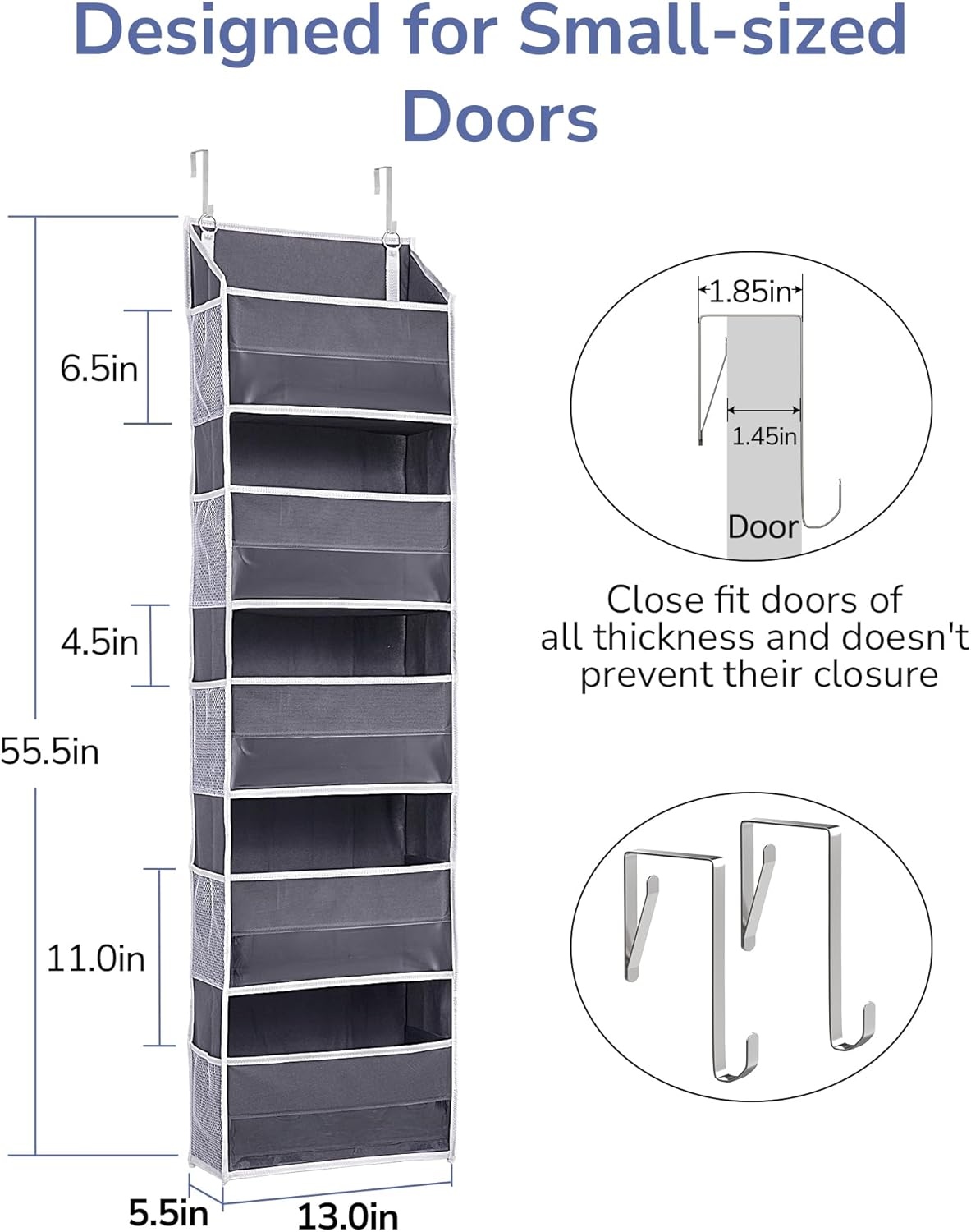 ULG 1 Pack Compact Size Over Door Organizer Slim Door Storage for Small-Sized Doors, 5 Shelves, Dark Gray