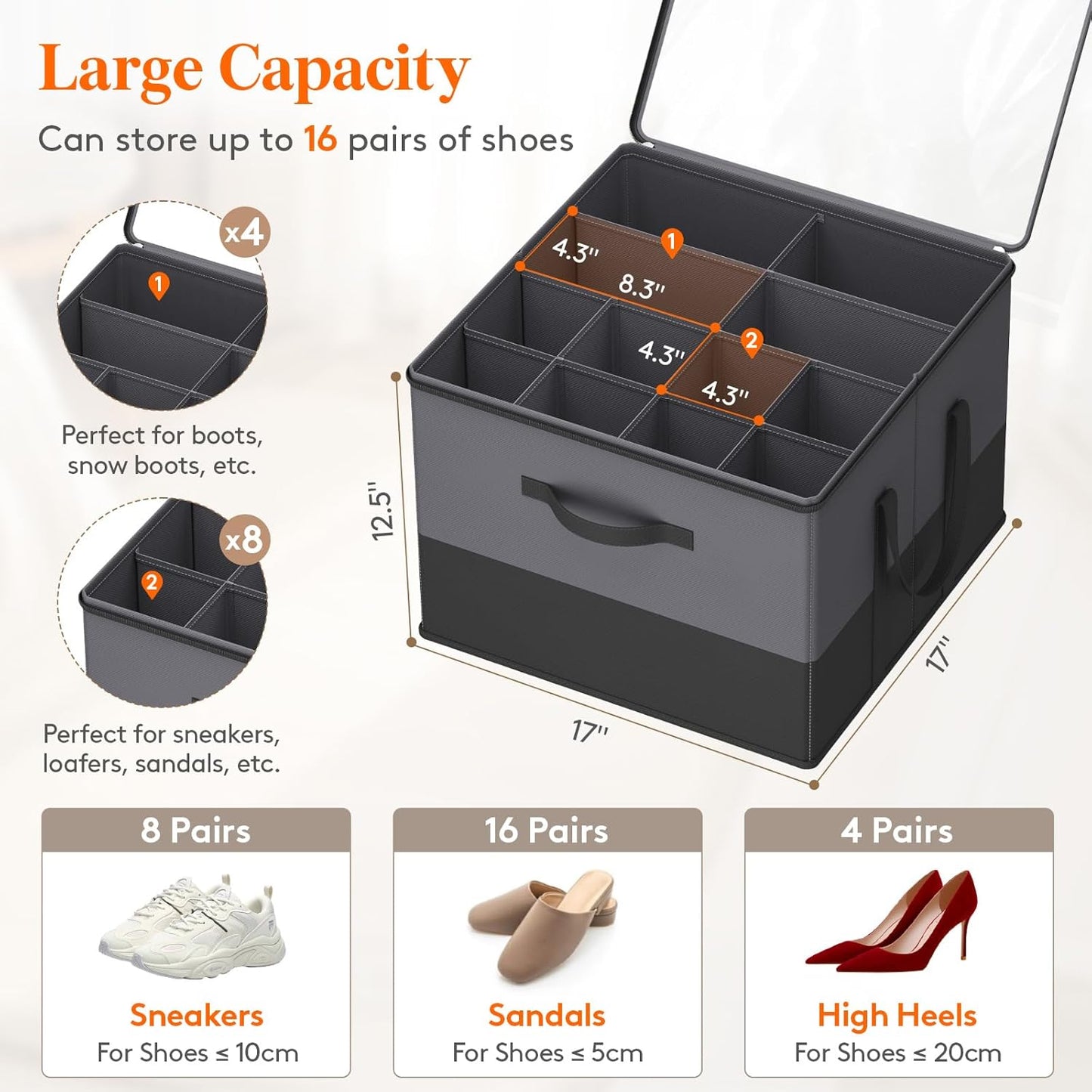 Lifewit Shoe Storage Organizer for Closet Fits 12-16 Pairs, Fabric Large Shoe Box Storage Containers with Clear Cover, Foldable Bins Fit for Boots Sneakers 17"(L) x 17"(W) x 12.5"(H) Gray and Black