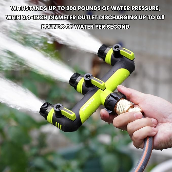 Garden Hose Splitter, 3/4-Inch Hose Manifold, Outdoor Faucet Adapter - Soft TPR Covering - Lightweight Non-Slip Sun-Resistant 3-Way Valve（green）