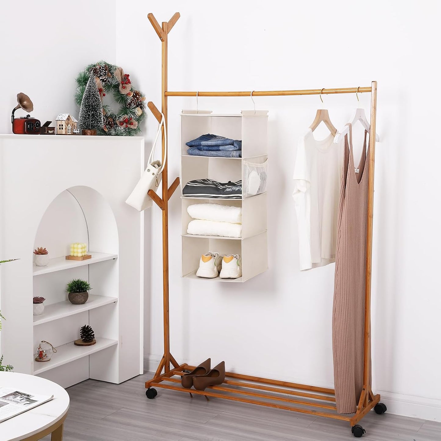 MAX Houser 4 Tier Shelf Hanging Closet Organizer, Space Saver,Closet Hanging Shelf with 2 Sturdy Hooks for Storage, Foldable (Beige)