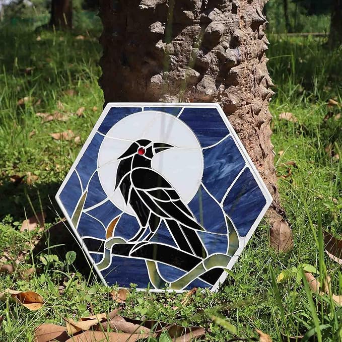 Bieye MSS004 Tiffany Style Stained Glass Mosaic Decorative Stepping Stone for Garden Decor (Raven, 13" Hexagonal)