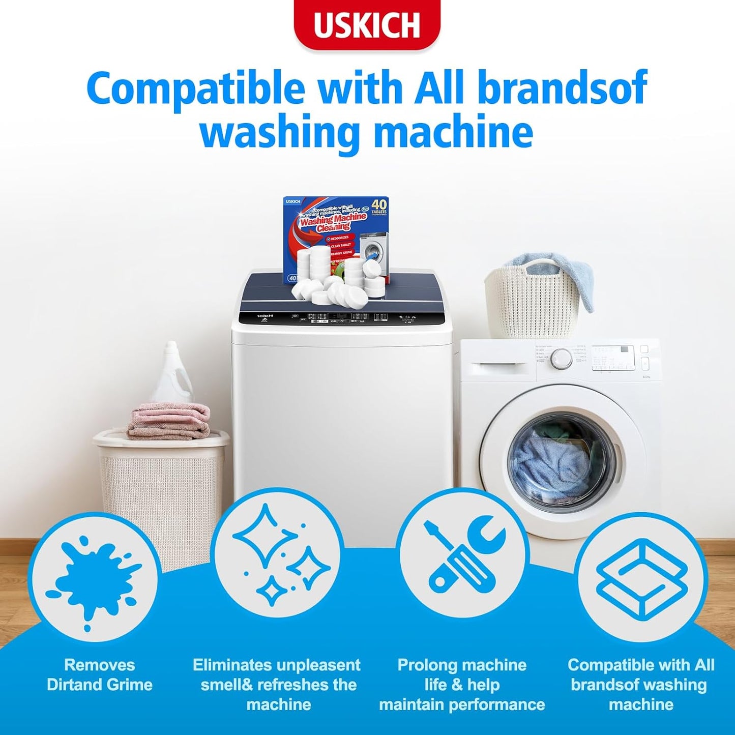 USKICH Washing Machine Cleaner Descaler 40 Pack-Deep Cleaning Tablets For HE Front Loader & Top Load Washer,Washer Machine Cleaning Tablets Clean Inside Drum and Laundry Tub Seal,Septic Safe