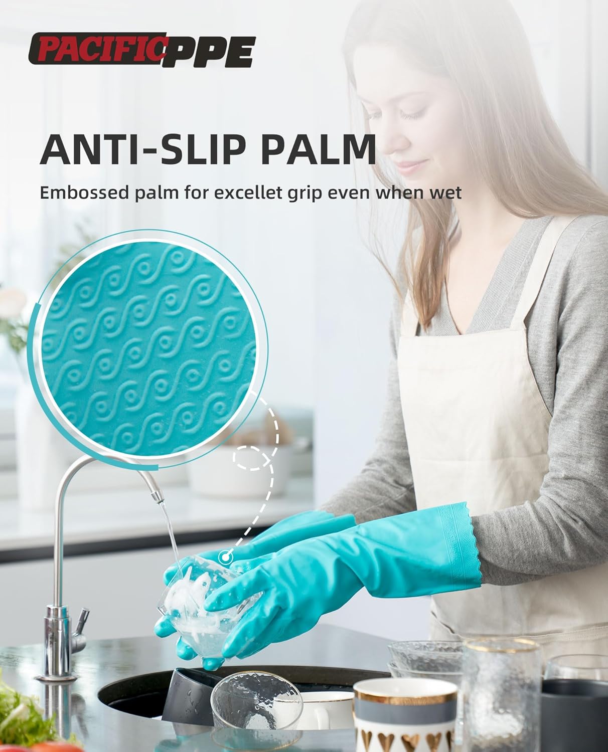 PACIFIC PPE 2 Pairs Reusable Dishwashing Cleaning Gloves with Latex Free, Cotton Lining, Kitchen Gloves, Green, Medium