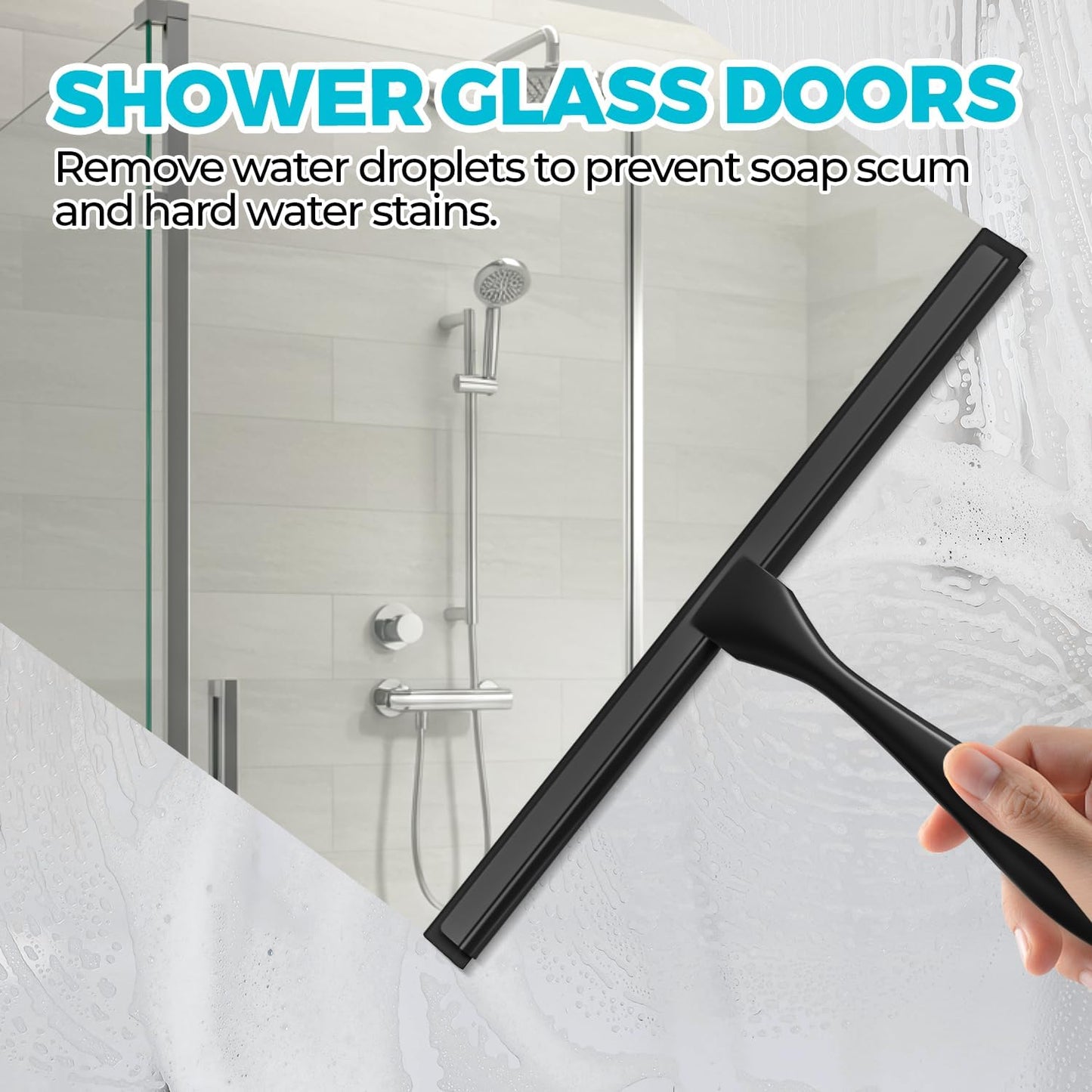 2PACK 12-Inch All-Purpose Shower Squeegee for Shower Doors, Bath Linen Sets, Tile Shower Walls, Bathroom, Window, Glass and Car Windshield, Mirrors and Kitchen-Stainless Steel, Black