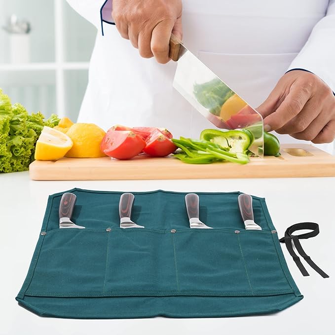 Chef Knife Storage Roll, Heavy Duty 16oz Waxed Canvas Knife Holder, Knife Roll with Cut Resistant Fabric, 4 Slots Knife Bag with Tie Rope - Dark Green