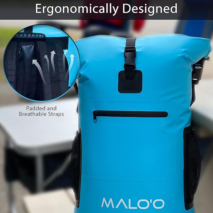 Malo'o Backpack Cooler Bag Holds 24 cans or 18 Bottles and ice - Roll-Top Soft Cooler for Kayaking, Camping, Beach, Fishing, Hiking Daypack & Travel Gear - Closed-Cell Insulation Cooler Backpack