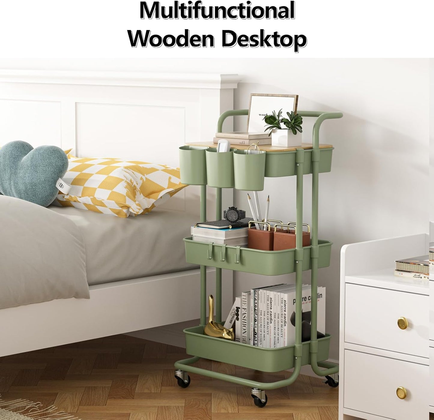 3 Tier Rolling Cart with Metal Handle, Table Top, Hanging Cups, Hooks, Plastic Storage Baskets& Wheels Lockable, Utility Cart for Bathroom Classroom Office Kitchen Pantry Organizers and Storage, Green