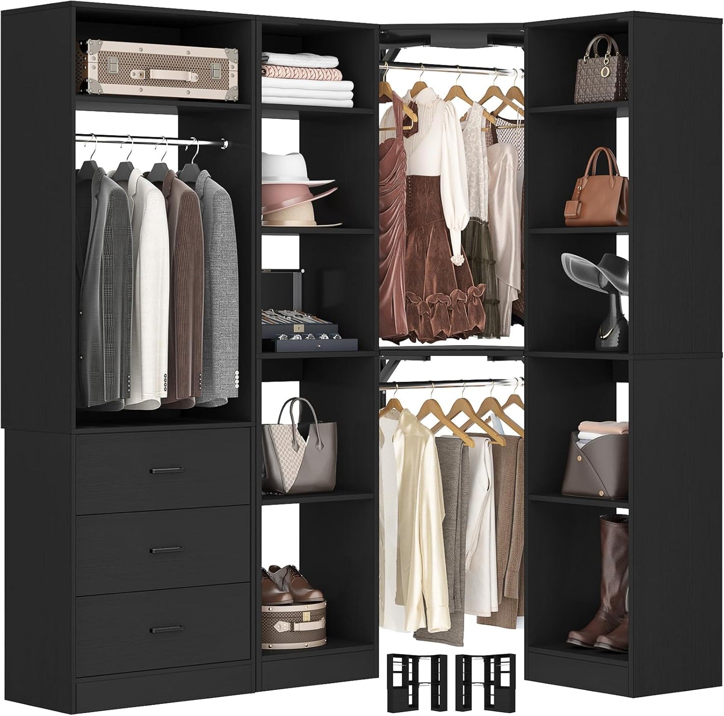 Corner Closet System with 3 Drawers, Corner Closet Organizer System with 13 Shelves & 3 Hanging Rods, 63.2"L * 39.2"W Reversible L Shaped Walk-in Closets, Load 2000+LBS, Black