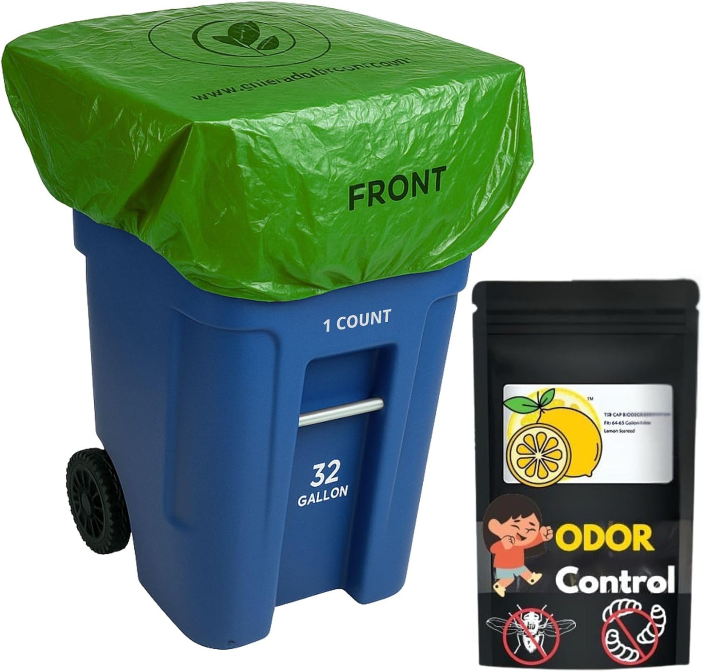 Trash Can Smell Eliminator Cover Odor Eliminating Bag with Optional Straps Lemon Scented Durable Chemical Free 32 Gallon 2 Pack
