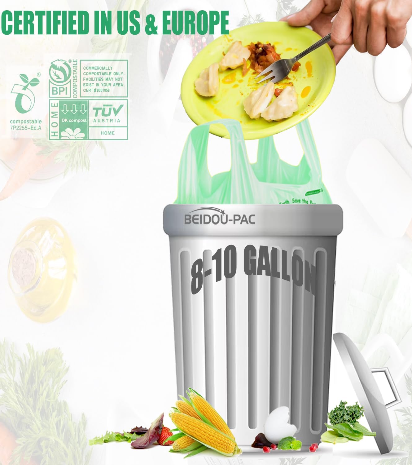 8-10 Gallon Compostable Trash Bags, 60 Count - Kitchen & Food Scrap Waste Bags, Sturdy & Biodegradable, ASTM D6400, US BPI Certified