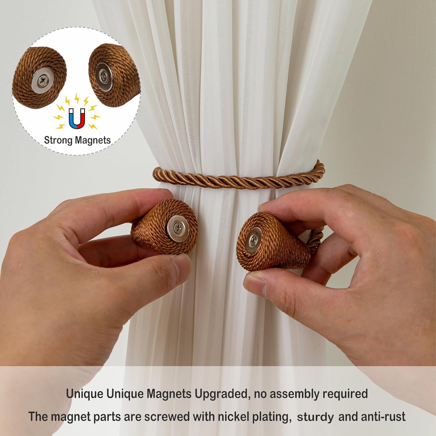 Magnetic Curtain Tiebacks 8 Pack Outdoor Rope Curtain Tie Backs Decorative Window Treatment Holdbacks for Home Decorative Curtain, Khaki