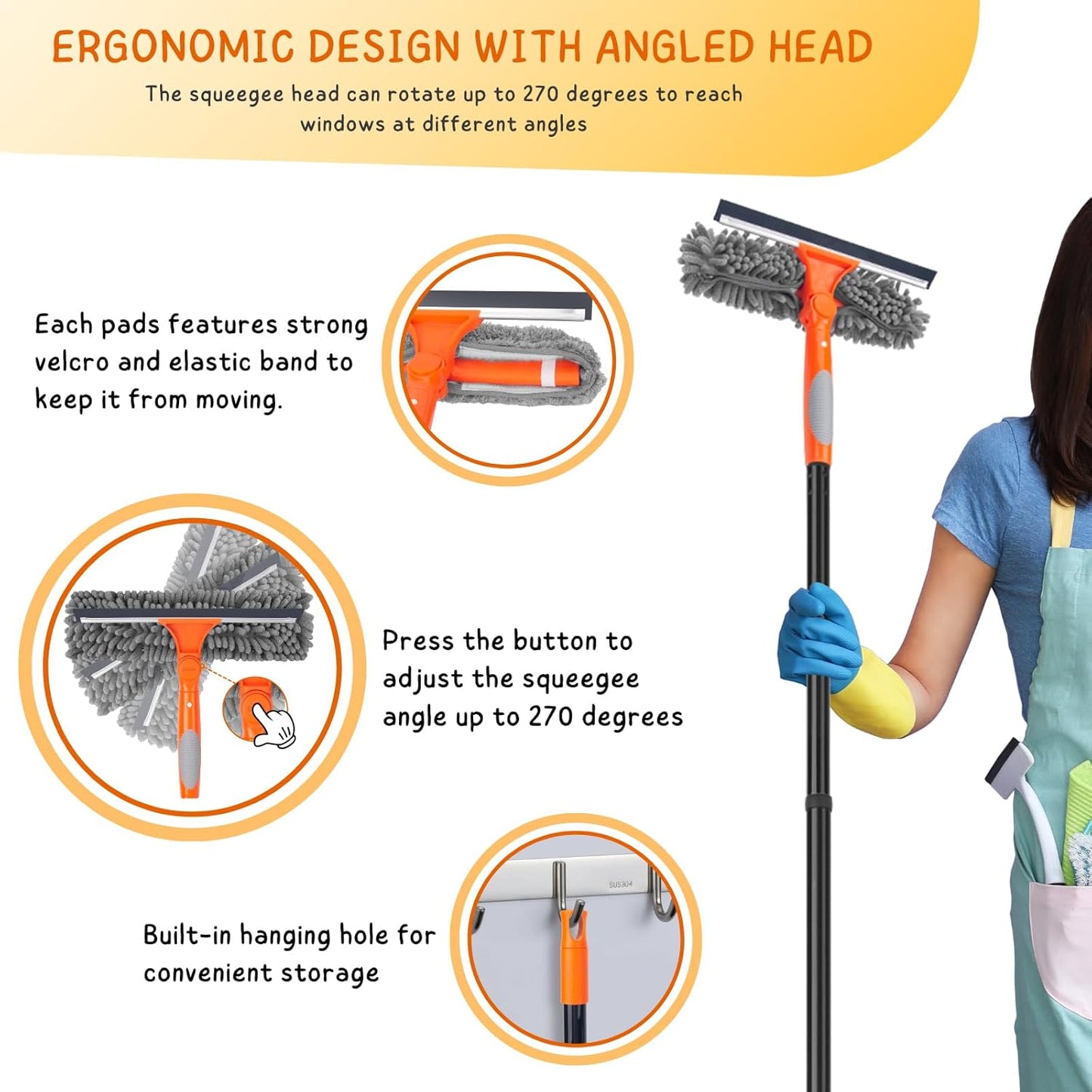 Window Cleaner Tool for Home, 59.5'' Squeegee Kit for Car Windshield, Shower Door, Mirror Cleaning, 2 in 1 Outdoor Glass Washer with Extension Pole