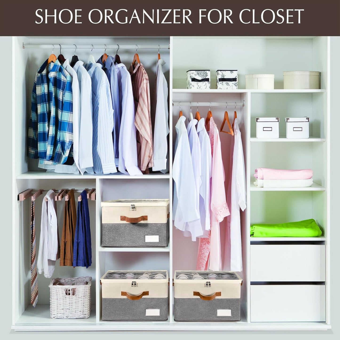 1 Pack Shoe Organizer for Closet, Adjustable Shoe Box Storage Containers, Large Foldable Shoe Bins with Clear Cover, Space Saving Shoes Holder with 4 Handles, Fits 8-16 Pairs, Beige