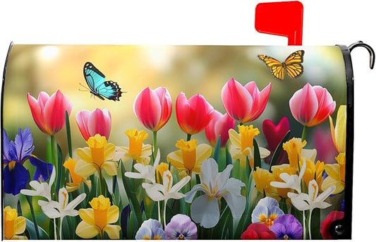 Spring Flowers Mailbox Covers Magnetic Large Size 25.5''x21'' Floral Butterfly Letter Box Wrap Spring Summer Seasonal Waterproof Post Letter Box Wrap Decor for Home Outdoor Garden Yard