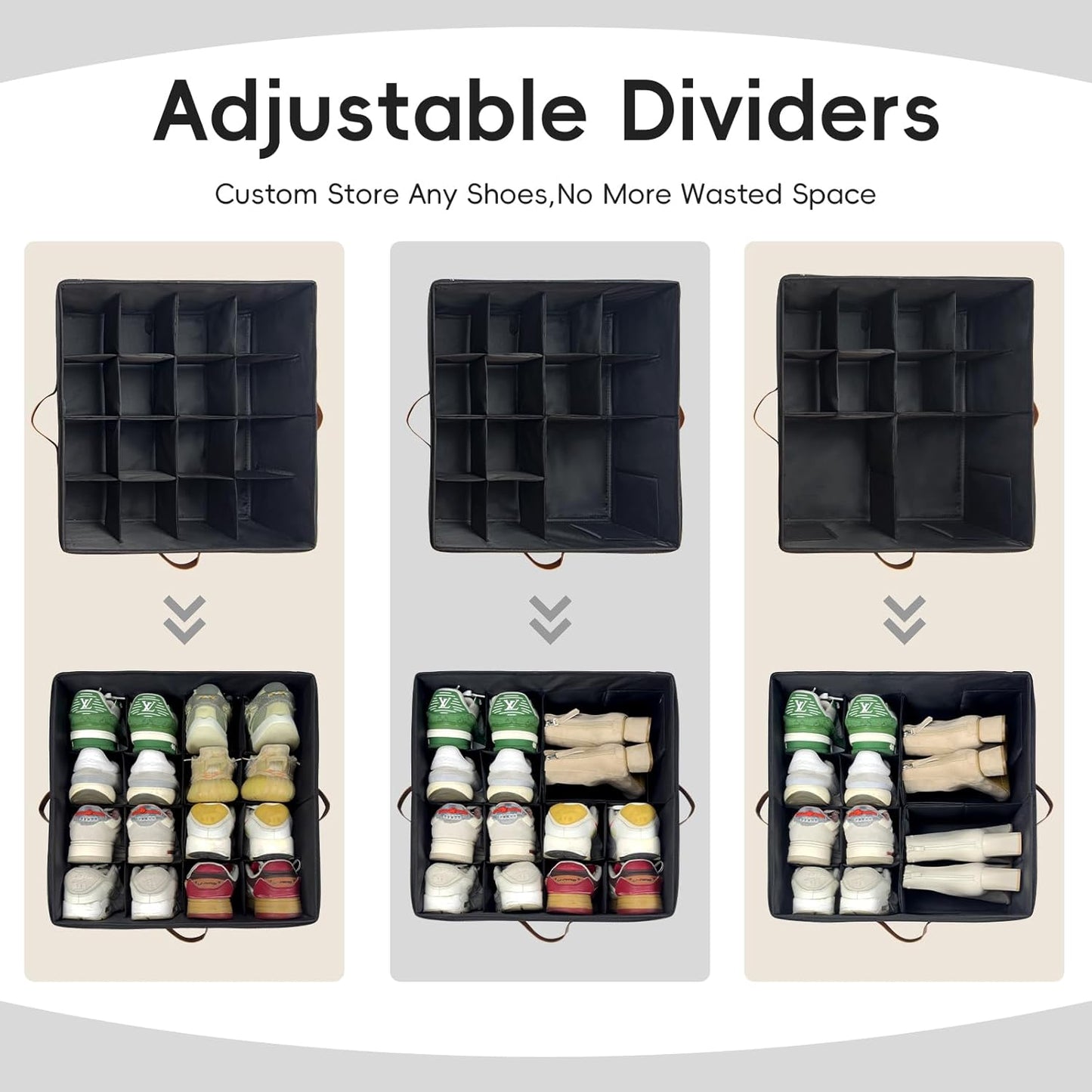 Shoe Organizer for Closet, 3 Pack Shoe Storage Bins with Clear Cover, Adjustable Dividers Fits 24-48 Pairs, Black