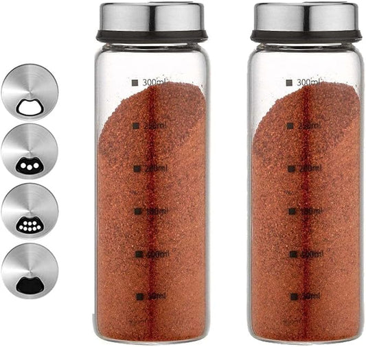 2 Piece 4-Neck Seasoning Shakers Moisture Resistant Seasoning Shakers Glass Seasoning Shakers, Salt and Pepper Shakers with Adjustable Pour Holes - For Seasoning, Picnics (2 large spice jars10oz)