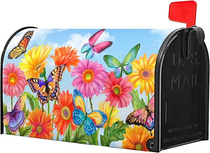Summer Flower Mailbox Covers Magnetic Large Size 25.5 x 21 Inch Beautiful Fluttering Butterfly Mailbox Covers Colorful Floral Decorative Mailboxes Wraps Post Letter Box Cover for Outside