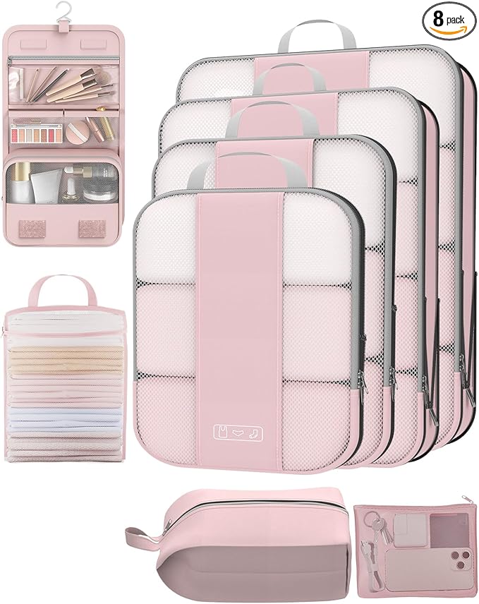 8 Set Compression Packing Cubes for Travel Essentials,Compressible Expandable Packing Cubes for Suitcase,OlarHike Luggage Organizer Bags for Travel,Handy Helper for Organizing Clothes(Pink)