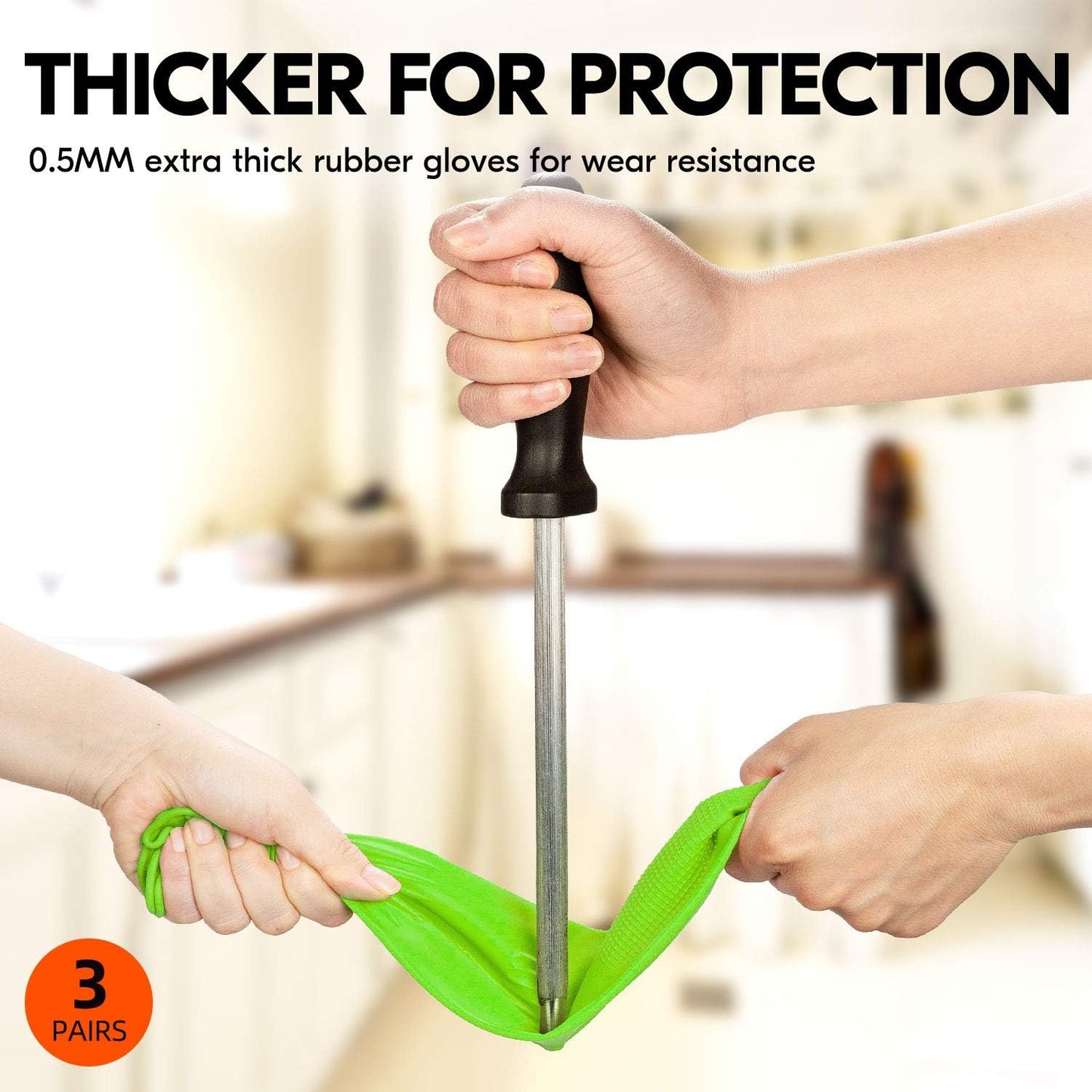 Vgo... 3-Pairs Dishwashing Gloves - Reusable Household, Kitchen, Long Sleeve, Thick Latex, Cleaning, Washing, Working, Painting, Gardening, Pet Care (Size M, Green, RB2143)