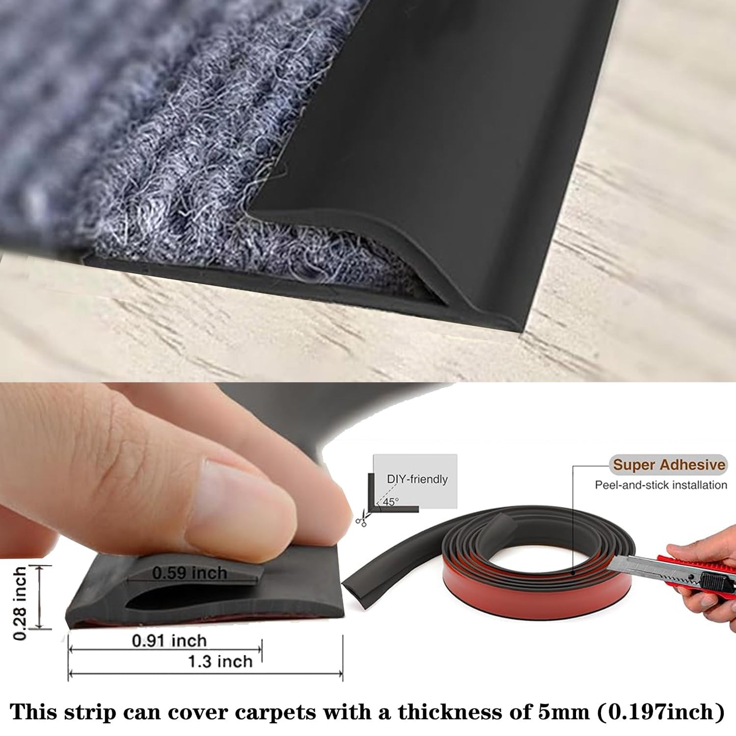 Self Adhesive Carpet Transition Strip with Edge Trim, Designed for Seamless Transitions from Carpet to Tile or Vinyl Floors, Perfect for Doorways.(Black,7ft)