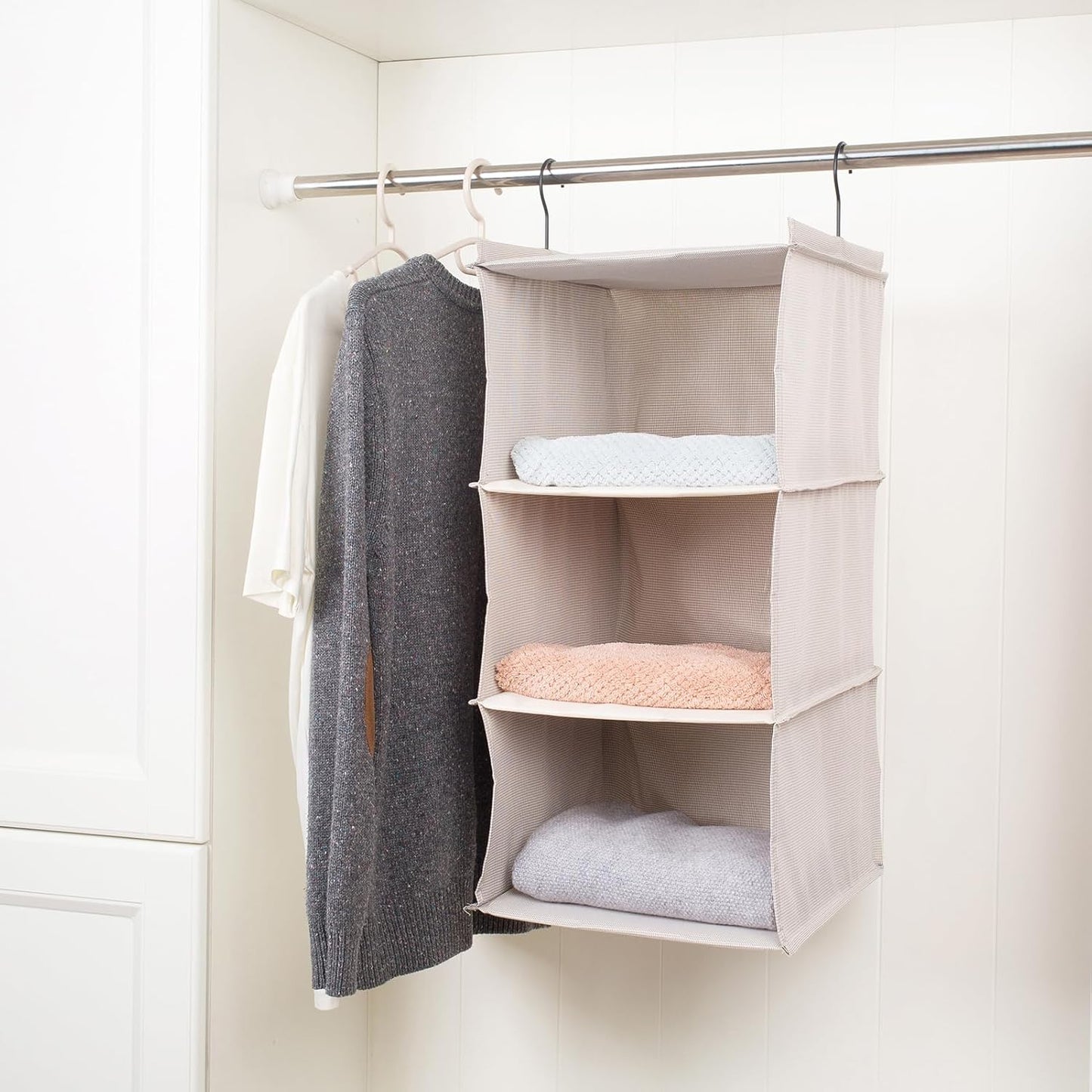 Hanging Closet Organizer, Easy Mount Foldable 3-Shelf Hanging Closet Wardrobe Storage Shelves, Clothes Handbag Shoes Accessories Storage, Imitation Linen Fabric, Beige Houndstooth