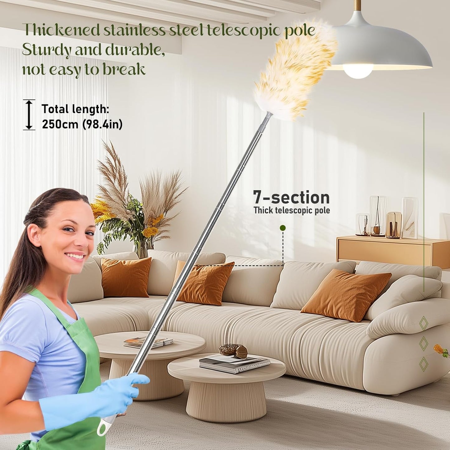 Lambswool Duster for Cleaning with Non-Slip Handle 98.4" Removable Retractable Feather Duster for Cleaning Ceiling Fans Window Blinds Interior Roof Furniture(1PCS)