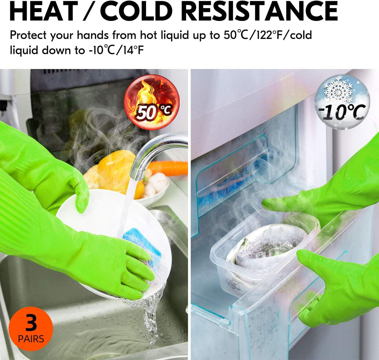 Vgo... 3-Pairs Dishwashing Gloves - Reusable Household, Kitchen, Long Sleeve, Thick Latex, Cleaning, Washing, Working, Painting, Gardening, Pet Care (Size M, Green, RB2143)