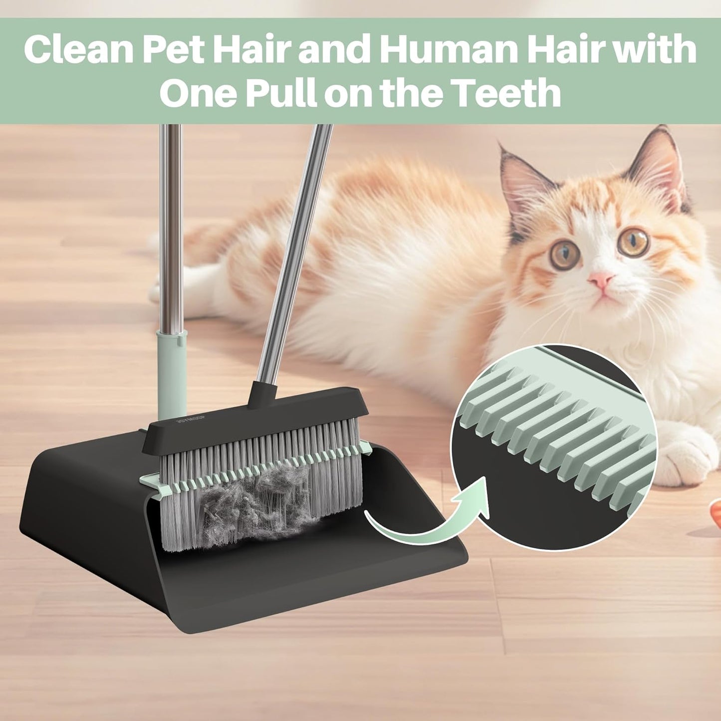 JOYMOOP Black Broom and Dustpan Set with 56” Handle, Upright Angle Design for Pet Hair and Hard Floor Sweeping
