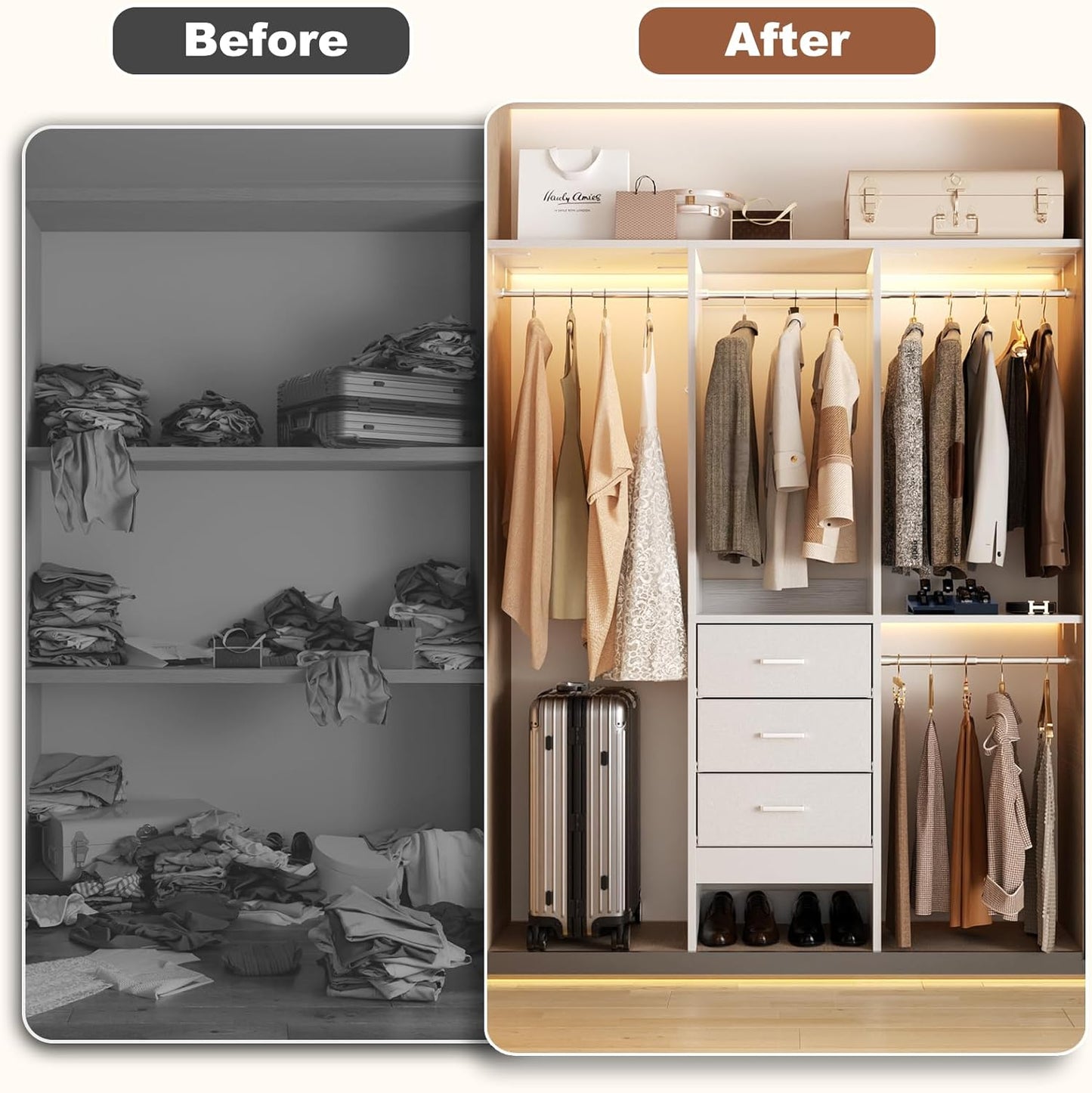 4FT Small Closet System with 3 Fabric Drawers, 48'' Closet Organizer System With 3 Adjustable Shelves, Flexible Built-In Clothes Garment Rack for Small Space, 48" L x 13" W x 71" H, White