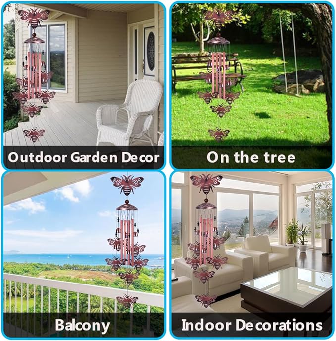 Outdoor Bee Wind Chimes Gifts for Mom - with 4 Tubes 6 Bells 7 Bees Wind Bells, Mobile Wind Catcher, Romantic Bee Decor, Bee Bells, Bees Windchimes for Home, Balcony, Tree, Festival, Garden Decoration
