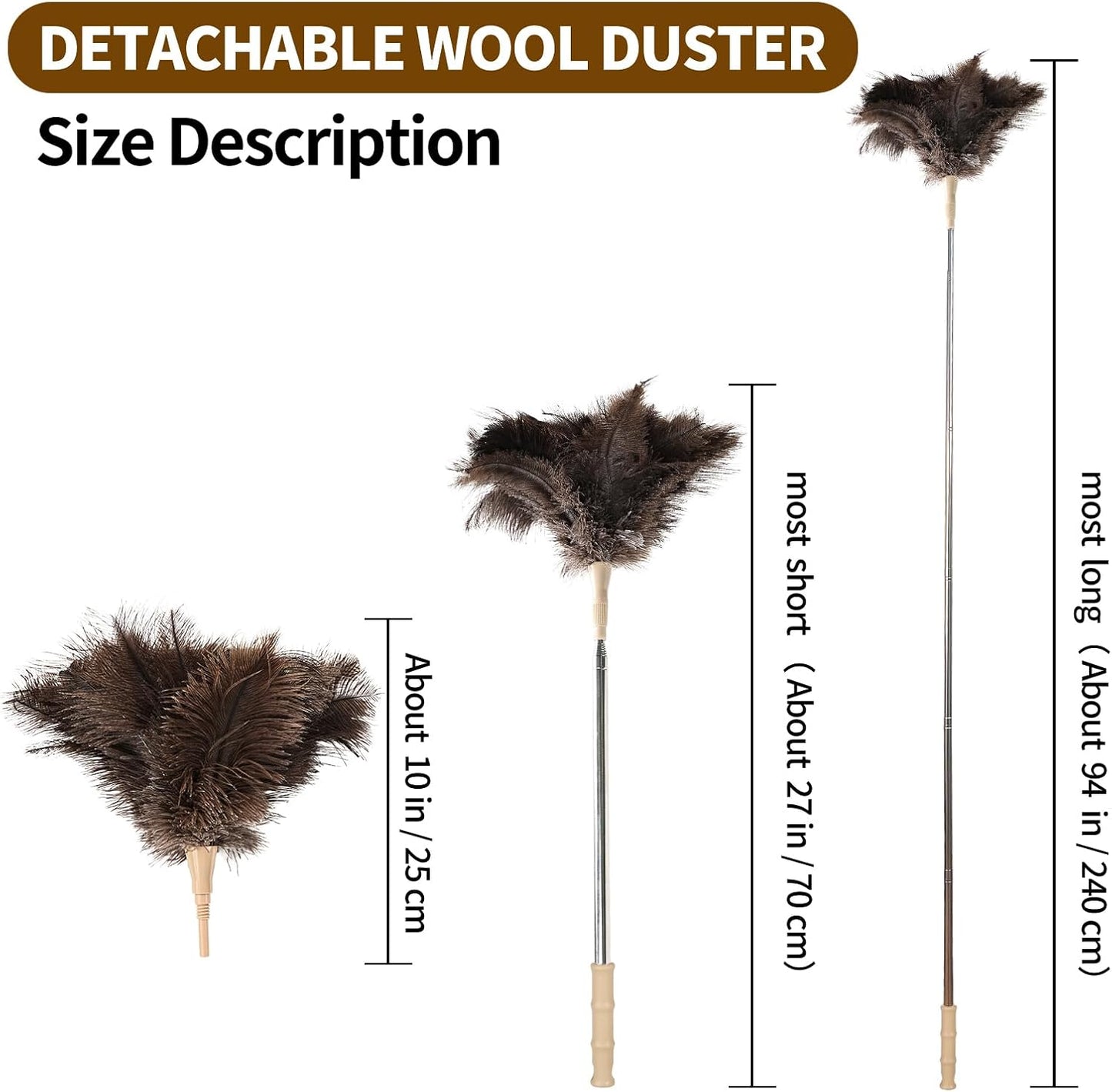 Extendable Cleaning Duster 94 Inch - Long Telescoping Ostrich Feather Dusters with Stainless Steel Extension Pole for High Ceiling Fan, High Ceilings,Roof Dusting