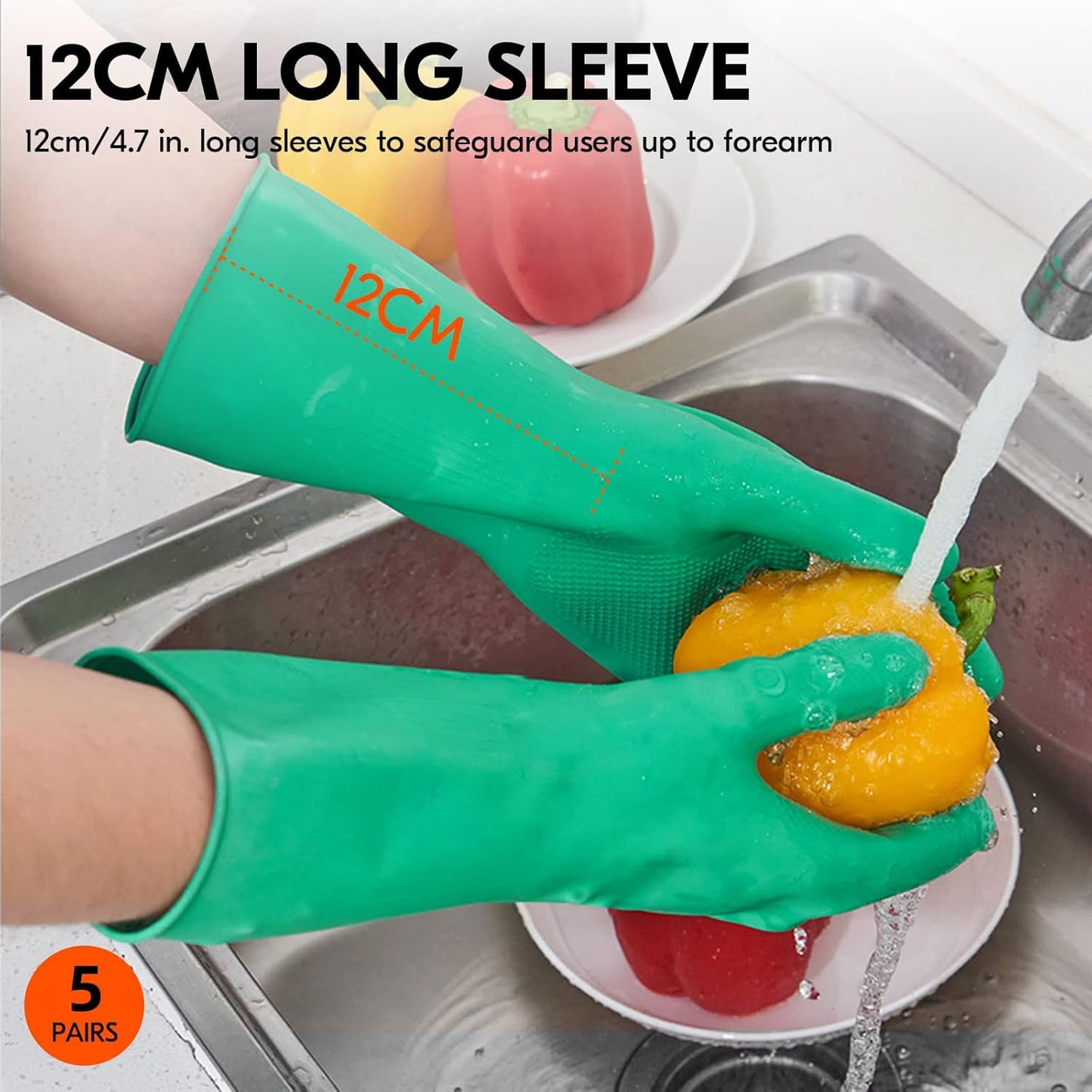 Vgo... 5-Pairs Reusable Household Gloves, Rubber Dishwashing gloves, Extra Thickness, Long Sleeves, Kitchen Cleaning, Working, Painting, Gardening, Pet Care (Size S, Green, HH4601)