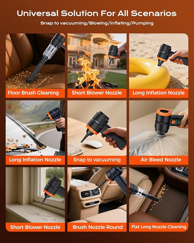 Car Vacuum Portable Cordless, Handheld Vacuum Cordless with 30000PA Suction, 130000RPM, 6800mAh Battery, 10 Nozzles, Rubber Paint Material for Car, Home, Pet Cleaning（Black Orange）