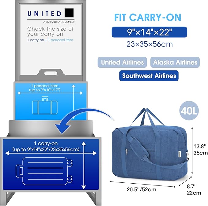 Carry on luaggage 22x14x9 Airlines Approved Foldable Carry on Bag Packable Duffle Overnight for Women and Men 40L (Navy Blue-1)