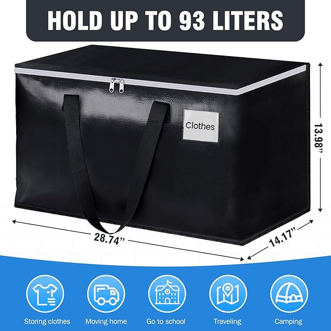 BlissTotes Moving Bags, Heavy Duty Moving Boxes with Zippers Top and Sturdy Handles, Storage Bags for Space Saving and Packing, Collapsible Moving Supplies, Storage Totes (93L, 10-Pack, Black)