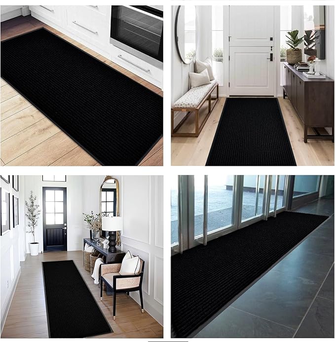 fani Heavy Duty Large Outdoor Indoor Entrance Black Doormat Waterproof Low Profile Entrance Rug Front Door Mat Patio Anti-Skid Rubber Back, 23x72 inch (Jet Black)