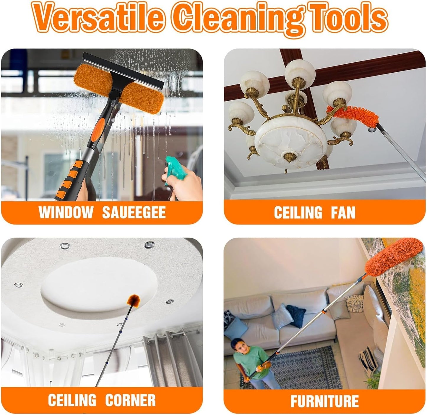 26FT High Reach Duster Cleaning Kit with Extension Pole, High Ceiling Fan Cleaner Duster Tool for Fan Blades, Window Washing Kit with Microfiber Feather Duster & Window Squeegee