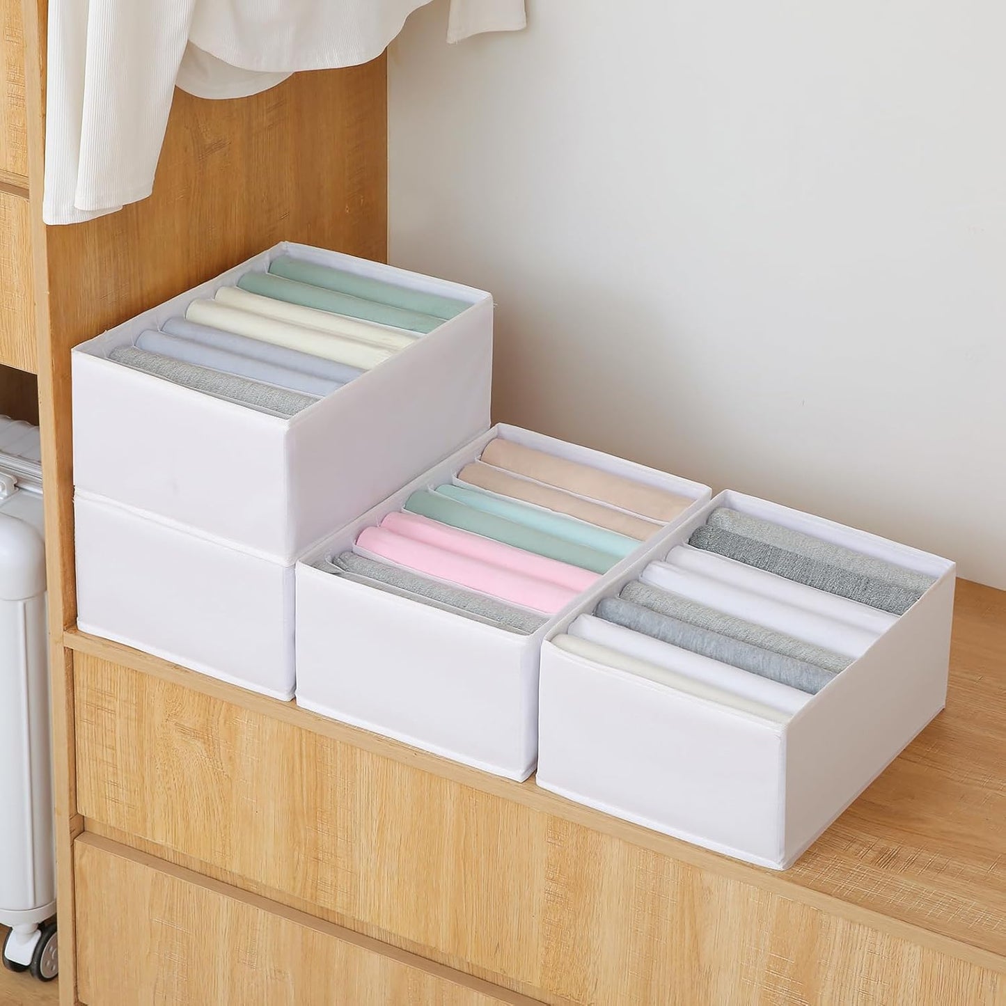 Qozary 4 Pack Drawer Organizers for Clothing, 8 Grids Foldable Closet Organizers and Storage Bins for Bedroom, Dresser Organizer Boxes for Thin T-shirts, Tank Tops (White, Upgrade Height)