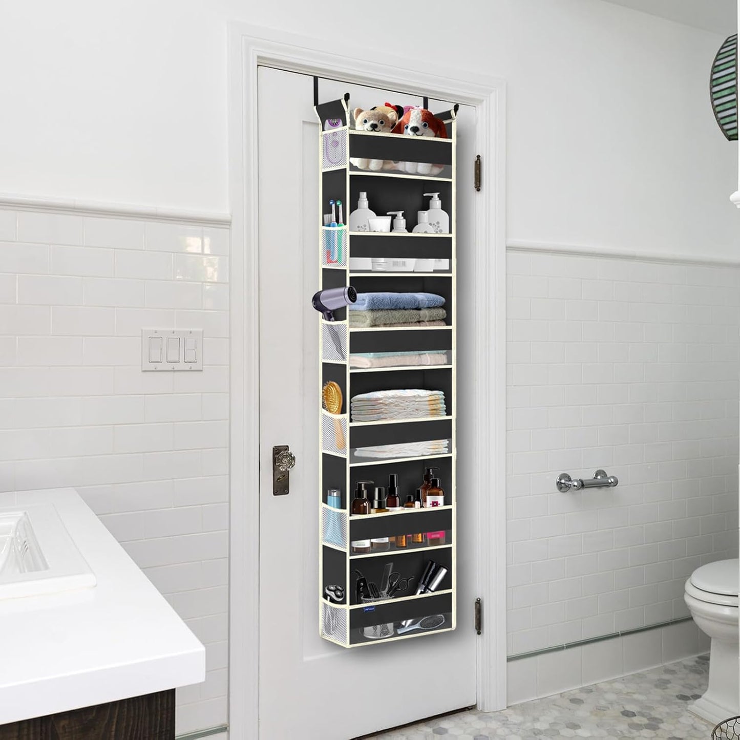 Over The Door Hanging Organizer 6-Shelves and 12 Side Pockets, Over The Door Storage Organizer, Back of Door Organizers for Baby Accessories and Children's Toys (13"x5"x54", Black)