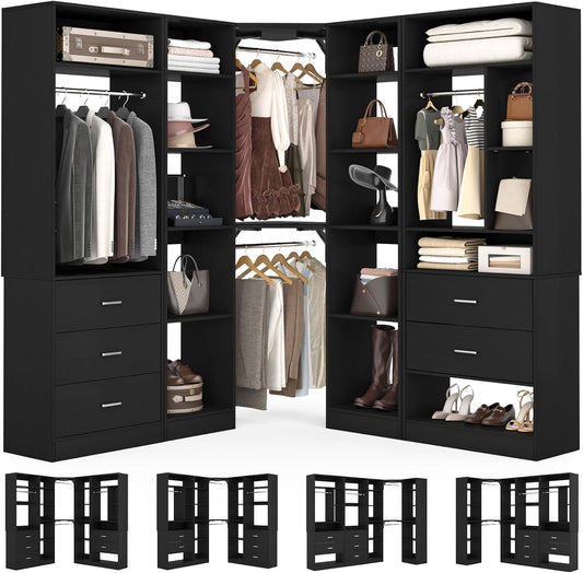 Corner Closet System with 5 Drawers, Closet Organizer System with 15+Shelvess & 4 Hanging Rods, 63.2"L * 63.2"W / 87.2"L * 39.2"W Reversible L Shaped Walk-in Closets, Load 2500+LBS, Black