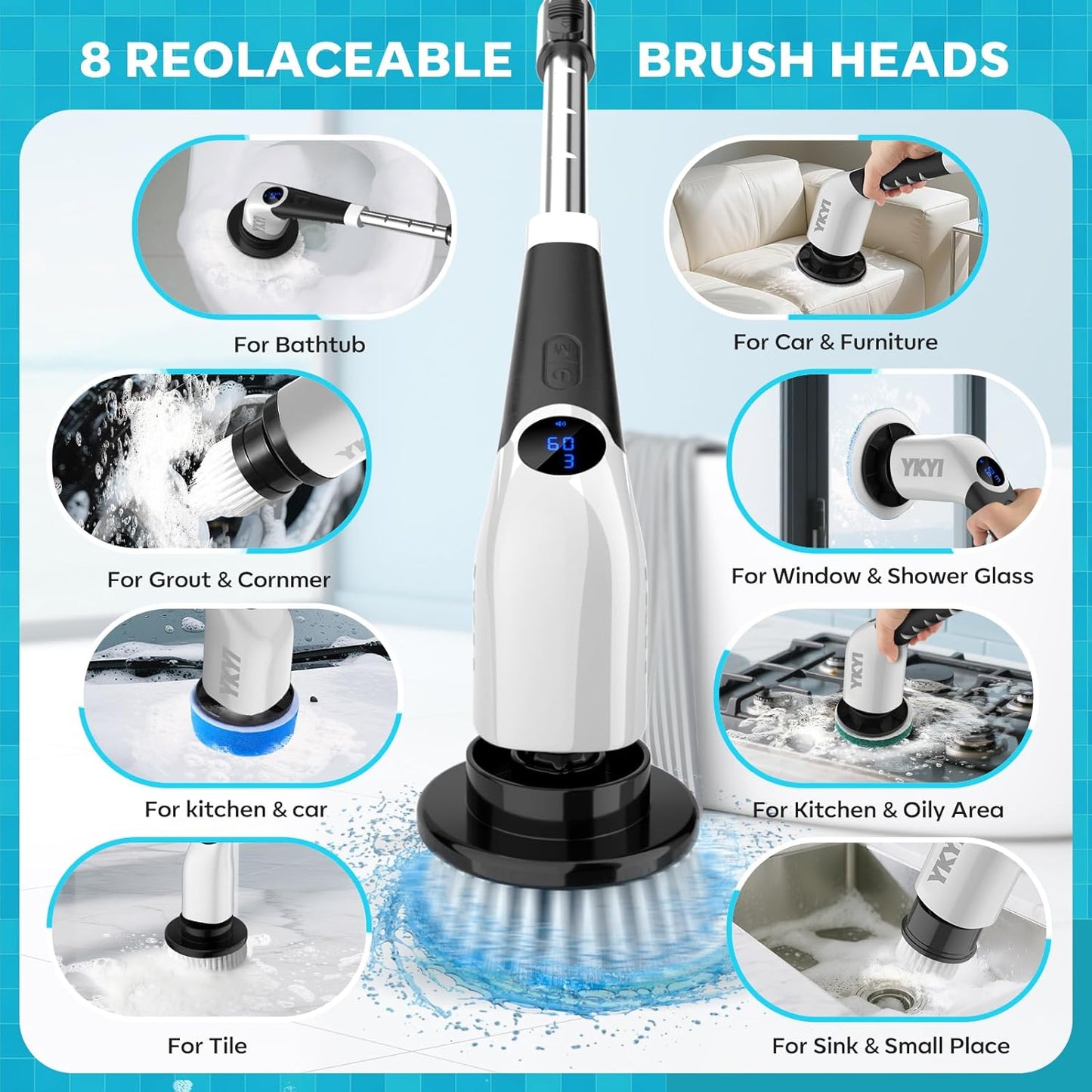 YKYI Electric Spin Scrubber,Cordless Cleaning Brush,Shower Cleaning Brush with 8 Replaceable Brush Heads,Power Scrubber 3 Adjustable Speeds,Adjustable & Detachable Long Handle,Voice Broadcast