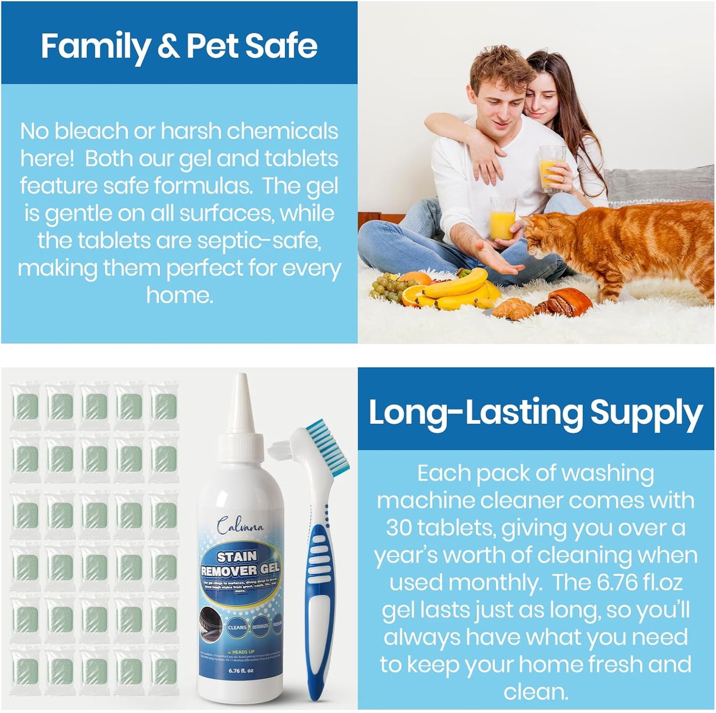 Laundry Refresh Kit, 30 Washing Machine Cleaner Tablets, 6.76 fl. oz Stain Remover Gel, Cleaning Brush, Tackles Pet Odors & Stains on Grout/Caulk, Family & Pet Safe, 12-Month Supply