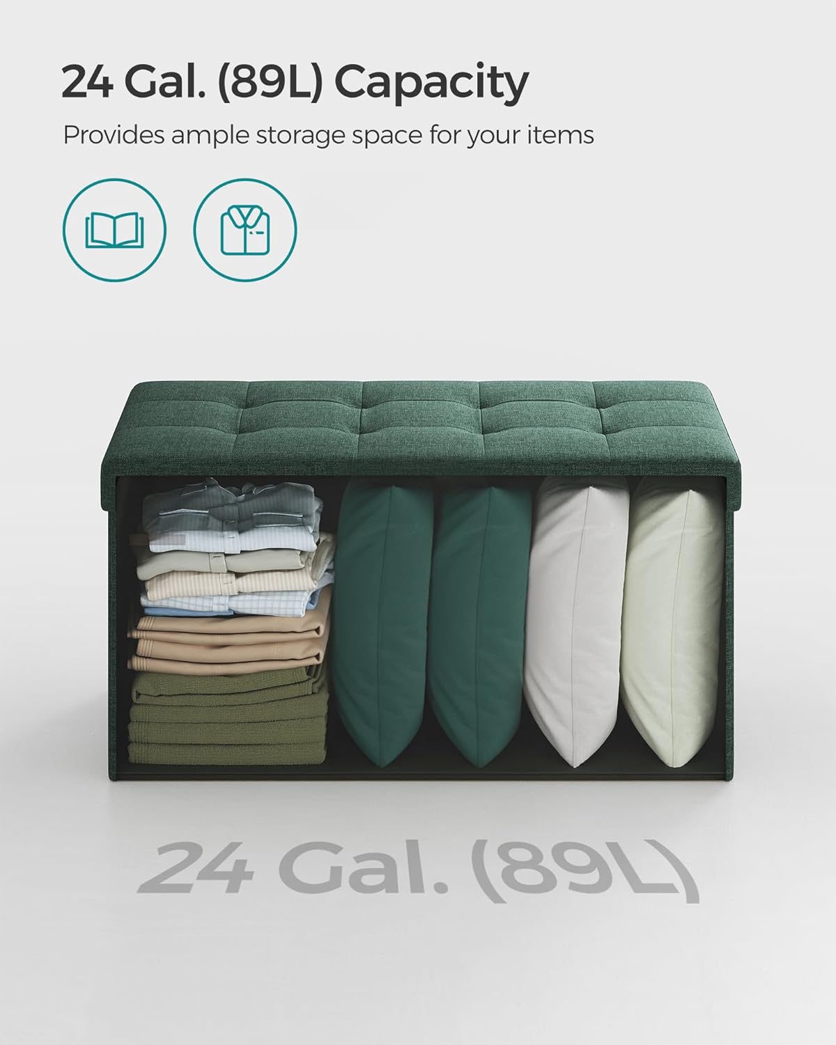 SONGMICS Mazie Collection - 30 Inches Folding Storage Ottoman Bench, Ottoman Foot Rest, End of Bed Bench, Storage Chest, Load 660 lb, for Living Room, Bedroom, Entryway, Retro Green ULSF047C01