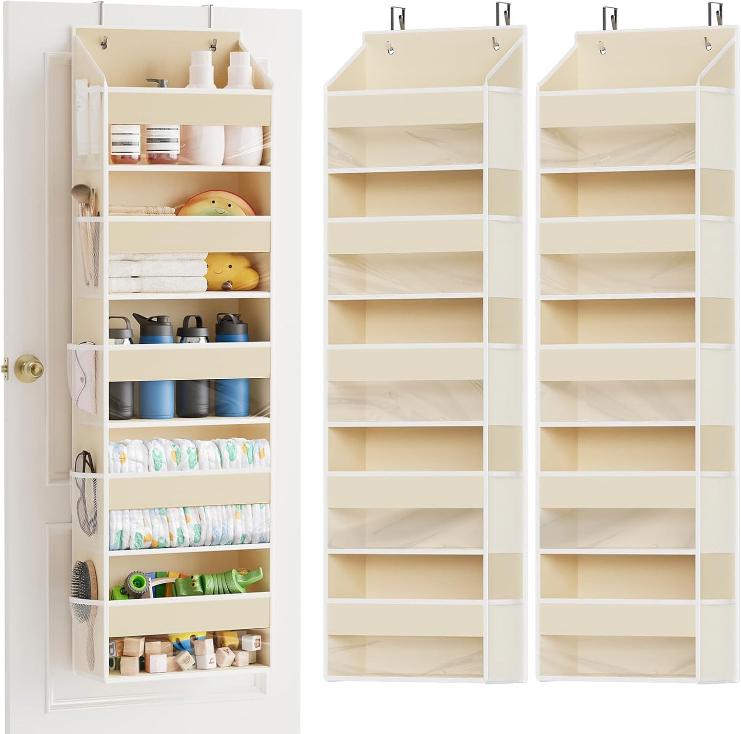 SpaceAid 2 Pack Over The Door Organizer with 5 Large Pockets and 10 Mesh Side Pockets, 5 Layers Door Organizer Hanging with Clear Window for Bedroom, Bathroom, Pantry and Nursery, Beige