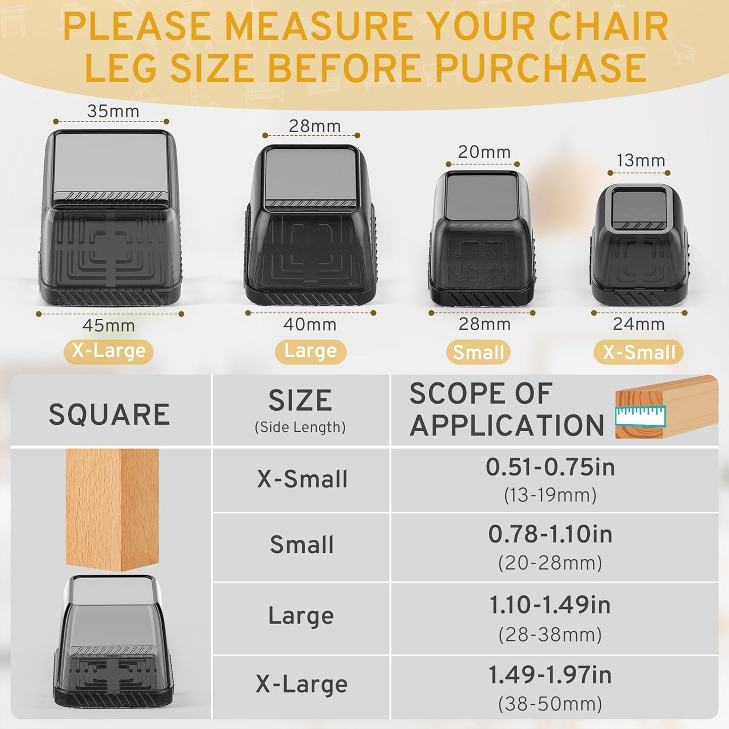 24PCS Square Chair Leg Floor Protectors, Furniture Sliders, Chair Leg Protectors for Hardwood Floors, Non-Slip Felt Furniture Pads, Silicone Cap Covers to Protect Floors, (Fit 0.75" - 1.1")