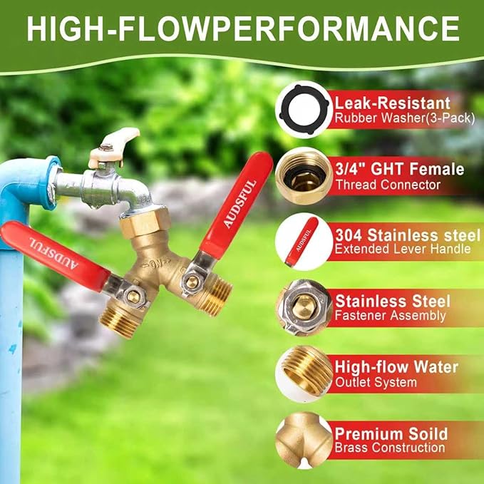 Brass Garden Hose Splitter 2/3/4 Way，Water Hose Splitter with Shutoff，Heavy Duty Outdoor Faucet and Garden Connector，Extension Handles，3/4” GHT Threads