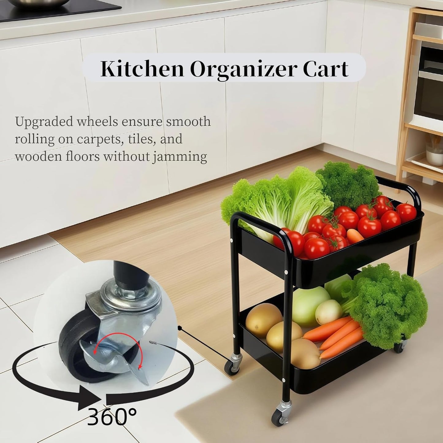 2 Tier Rolling Cart with Wheels for Under Desk Storage & Pantry Storage, Large Capacity Laundry Room & Makeup Organizer, Sturdy Kitchen Utility Cart for Small Space with 4 Hooks, Black