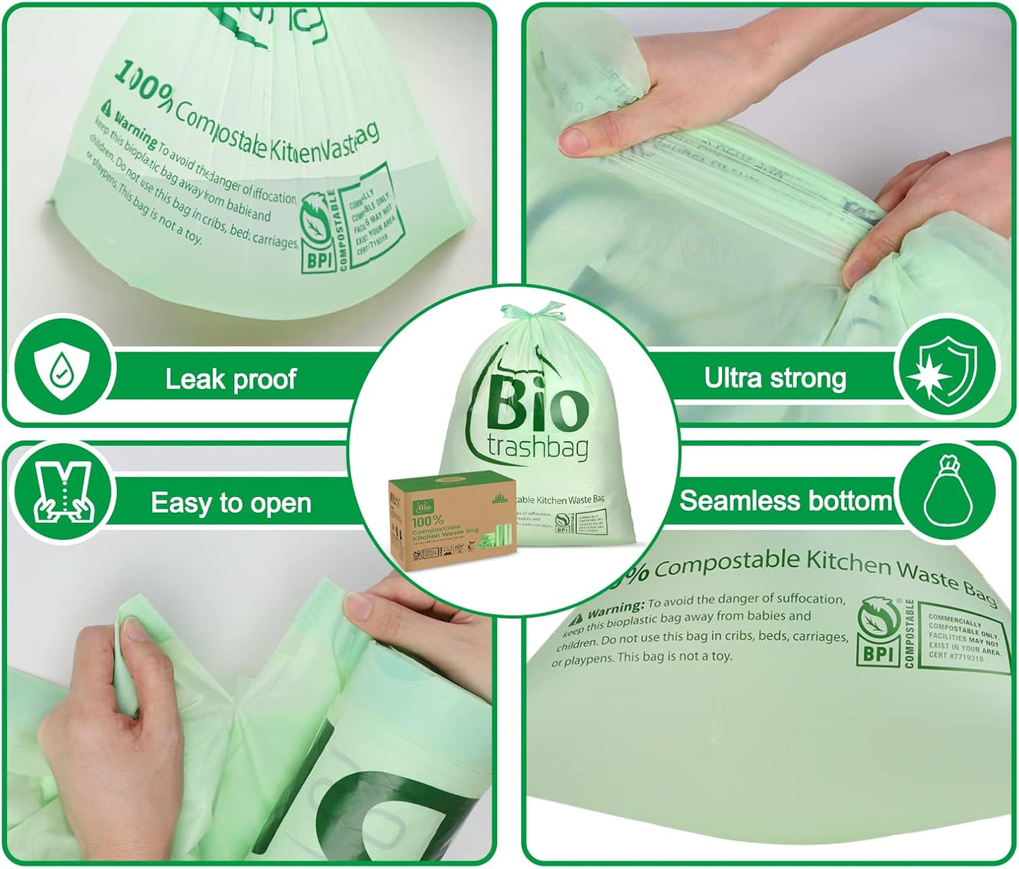 8 Gallon Compostable Trash Bags, 50 Count Drawstring Trash Bags Biodegradable, Heavy Duty Extra Thick Compost Bags, Kitchen Food Scrap Waste Bag, US BPI and OK Compost Home Certified