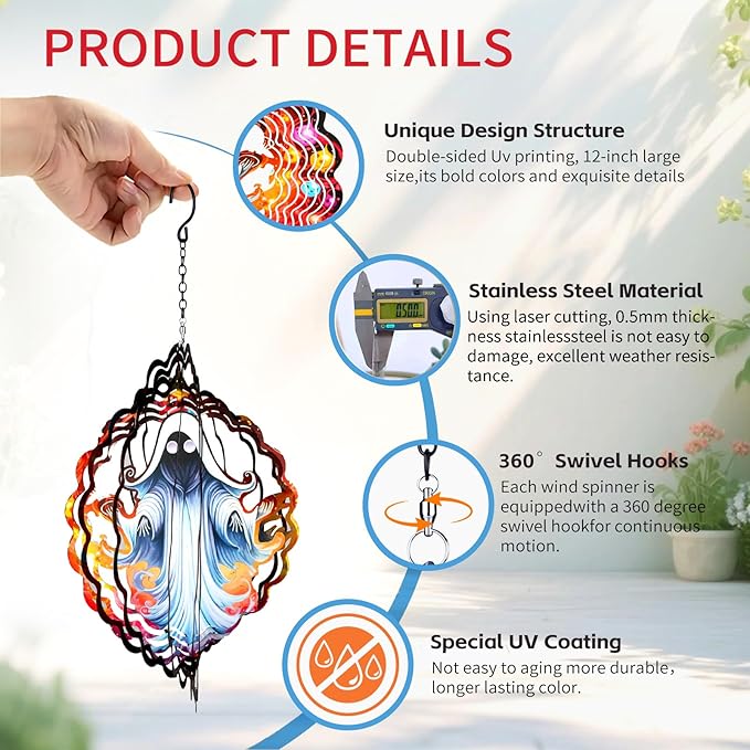 Ghost Metal Wind Spinners Outdoor for Gifts for Women/Men-12 inch 3D Kinetic Sculpture for Silhouette,Hanging Wind Spinner Decoration for Halloween,Patio,Yard,Porch,Backyard,Garden Decor